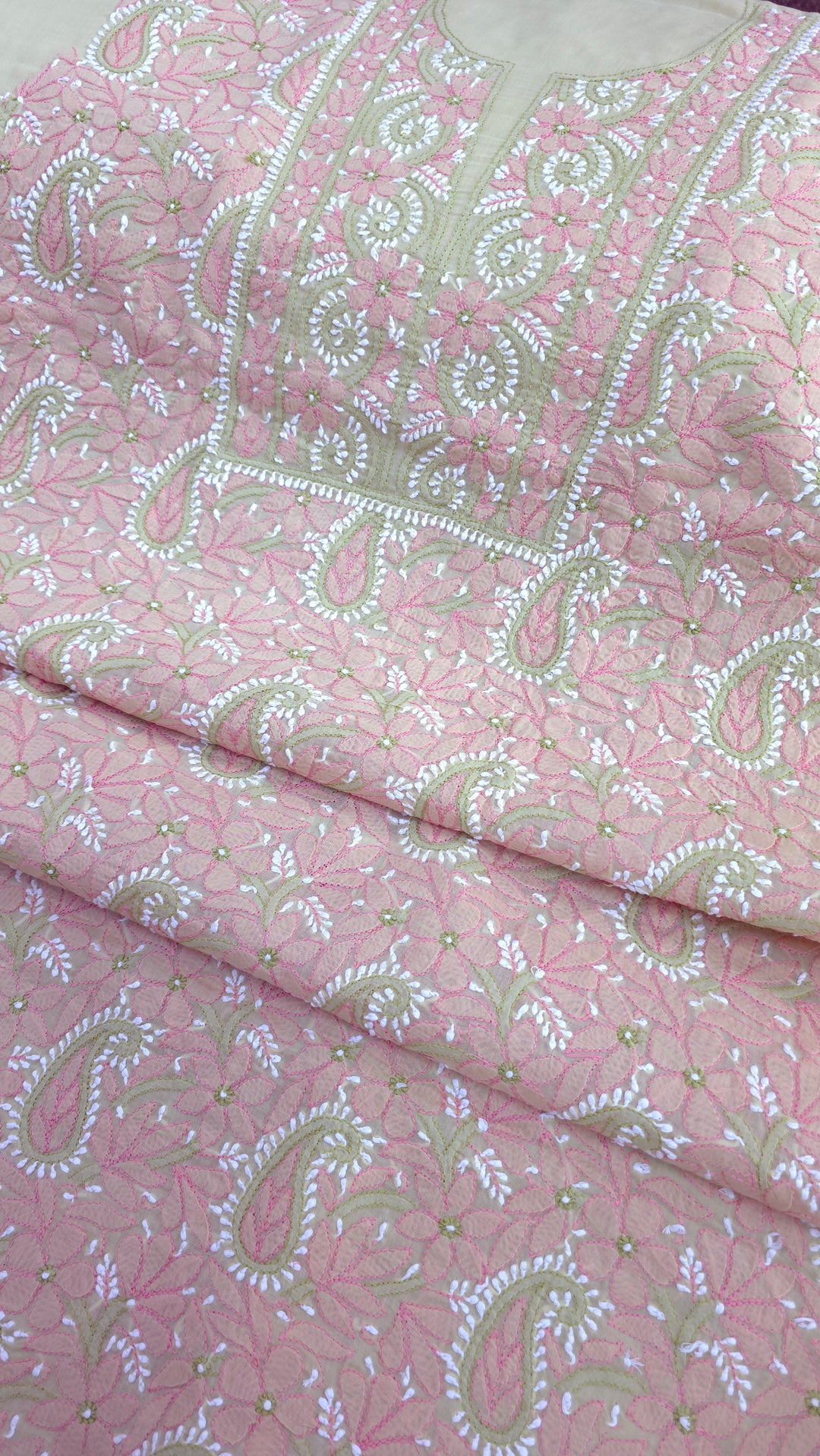 Lucknow Chikankari Hand Embroidered Cotton Dress Material with Tri-Color Motifs & Pure Chiffon Dupatta