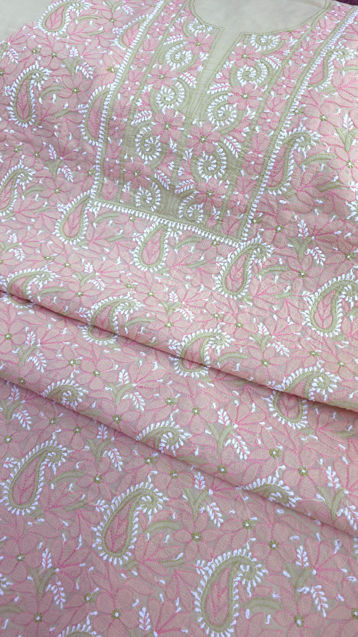 Lucknow Chikankari Hand Embroidered Cotton Dress Material with Tri-Color Motifs & Pure Chiffon Dupatta