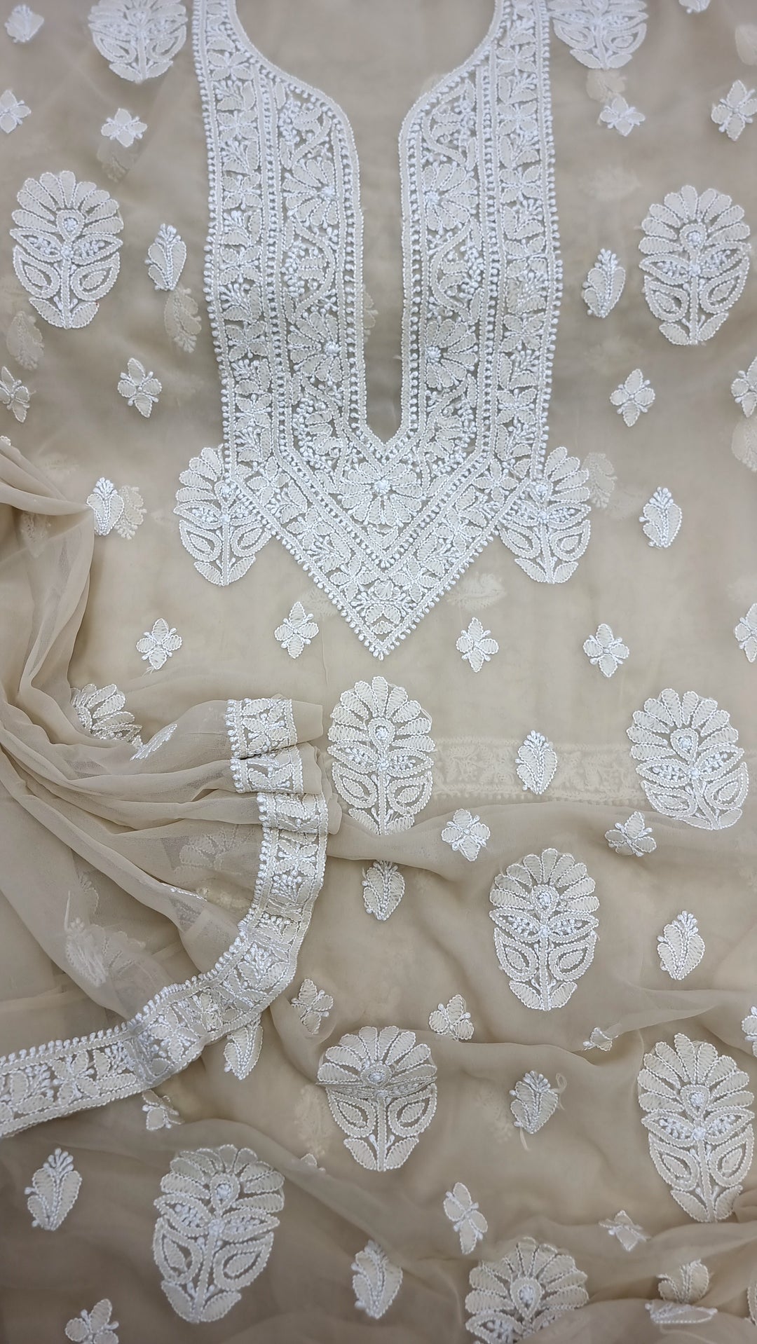 "Paridhan Chikan Pastel Pista Brown Color Georgette Lucknowi Chikankari Unstitched Suit Set – Hand Embroidered Kurta, Bottom & Dupatta for Women"