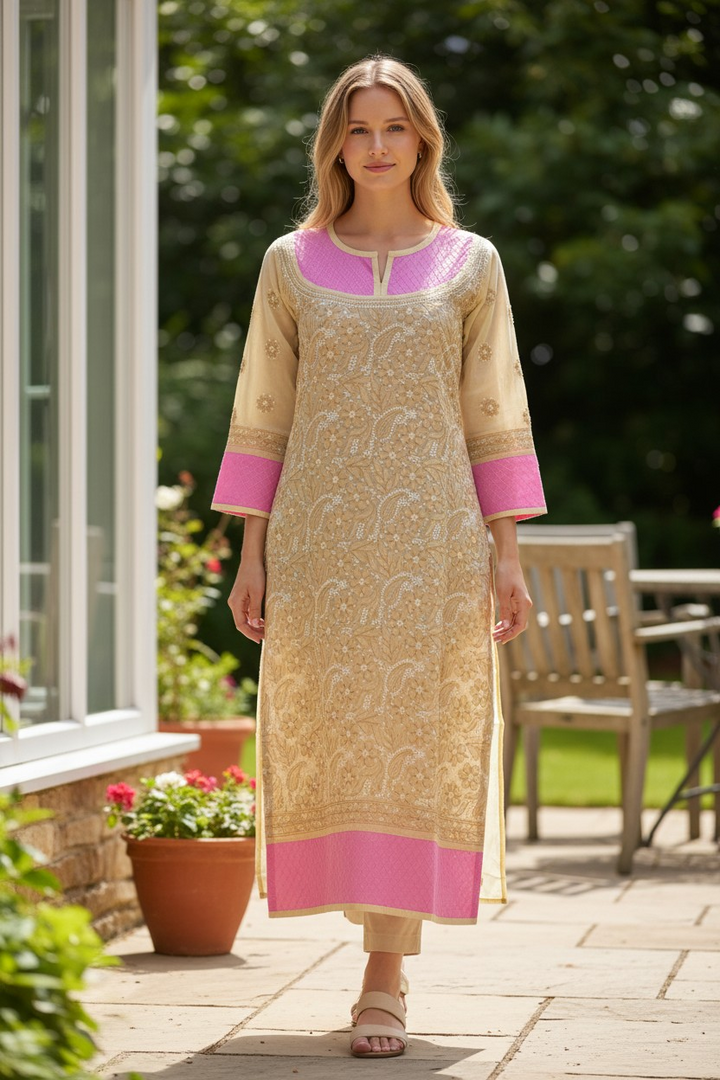 Cotton Chikankari Hand Embroidered Kurti for Women | Premium  | 48 Inch approx Length | Lucknowi Chikan Kurta