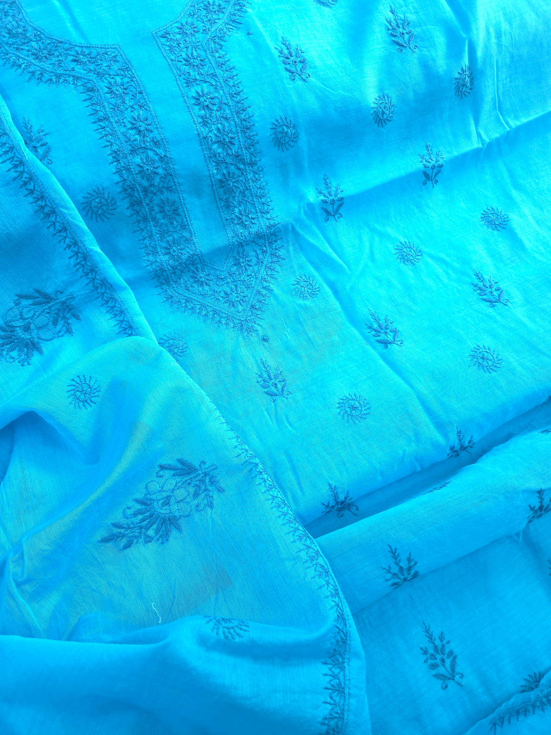 Blue Color Chanderi Hand Embroidered 2-Taar Chikankari Kurta & Dupatta Set | Paridhan Chikan