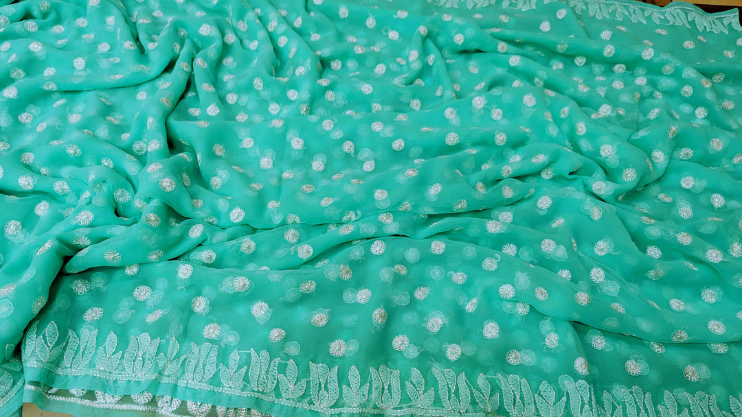 Faux Georgette Hand Chikankari Saree with Exclusive Border & Palla Design | Embroidered Blouse Included | Authentic Lucknow Handicraft by Paridhan Chikan