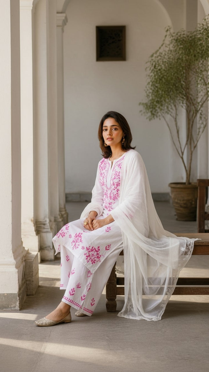 Ananya Rayon Colored Thread Chikankari Kurta Palazzo Dupatta Set | Lucknow Hand Embroidery | Paridhan Chikan