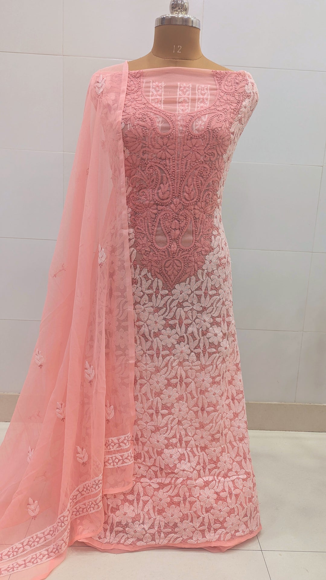 Unstitched Georgette Chikankari Dress Material | Hand Embroidered Kurta, Bottom & Dupatta