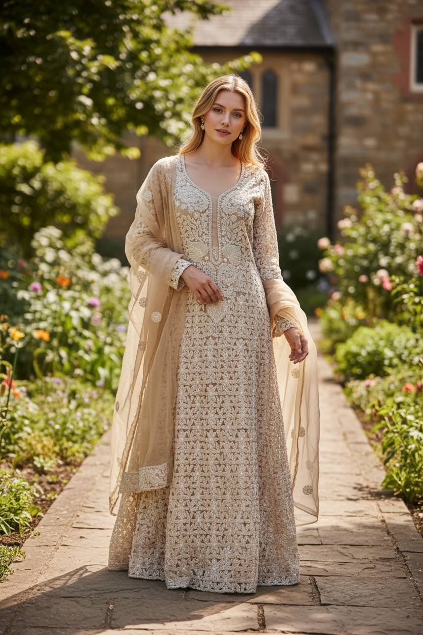 Unstitched Georgette Chikankari Dress Material | Hand Embroidered Kurta, Bottom & Dupatta