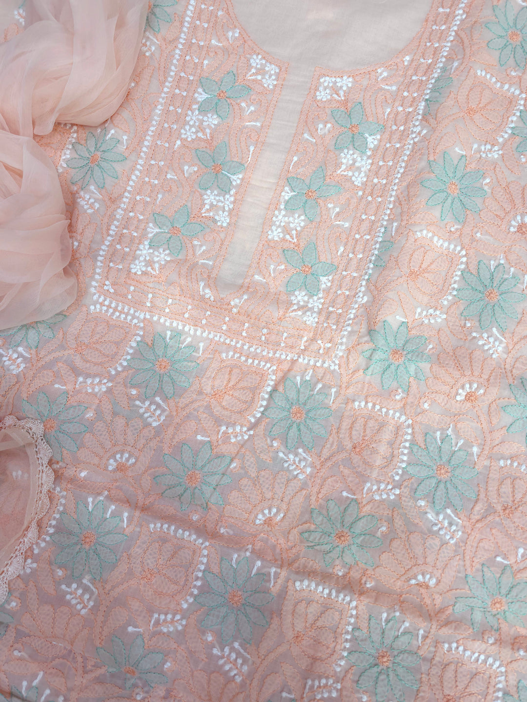 Lucknow Chikankari Hand Embroidered Cotton Dress Material with Tri-Color Motifs & Pure Chiffon Dupatta