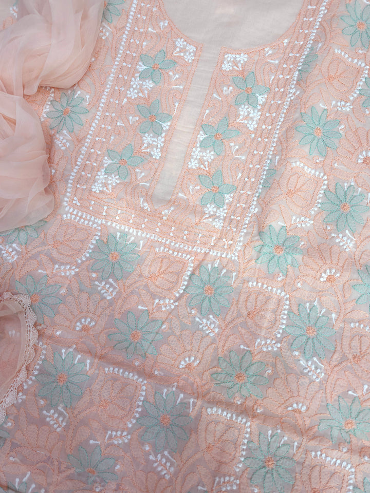 Lucknow Chikankari Hand Embroidered Cotton Dress Material with Tri-Color Motifs & Pure Chiffon Dupatta