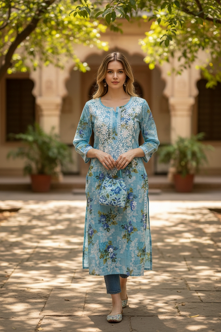 Mul Cotton prints Chikankari Kurti