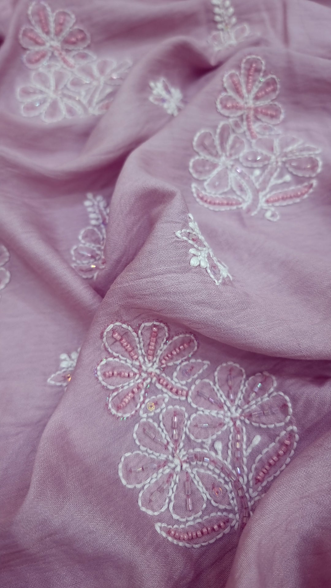 Lucknowi Chikankari Chanderi Fabric – Hand-Embroidered Kurta & Dupatta with Pearl, Resham & Badla Work
