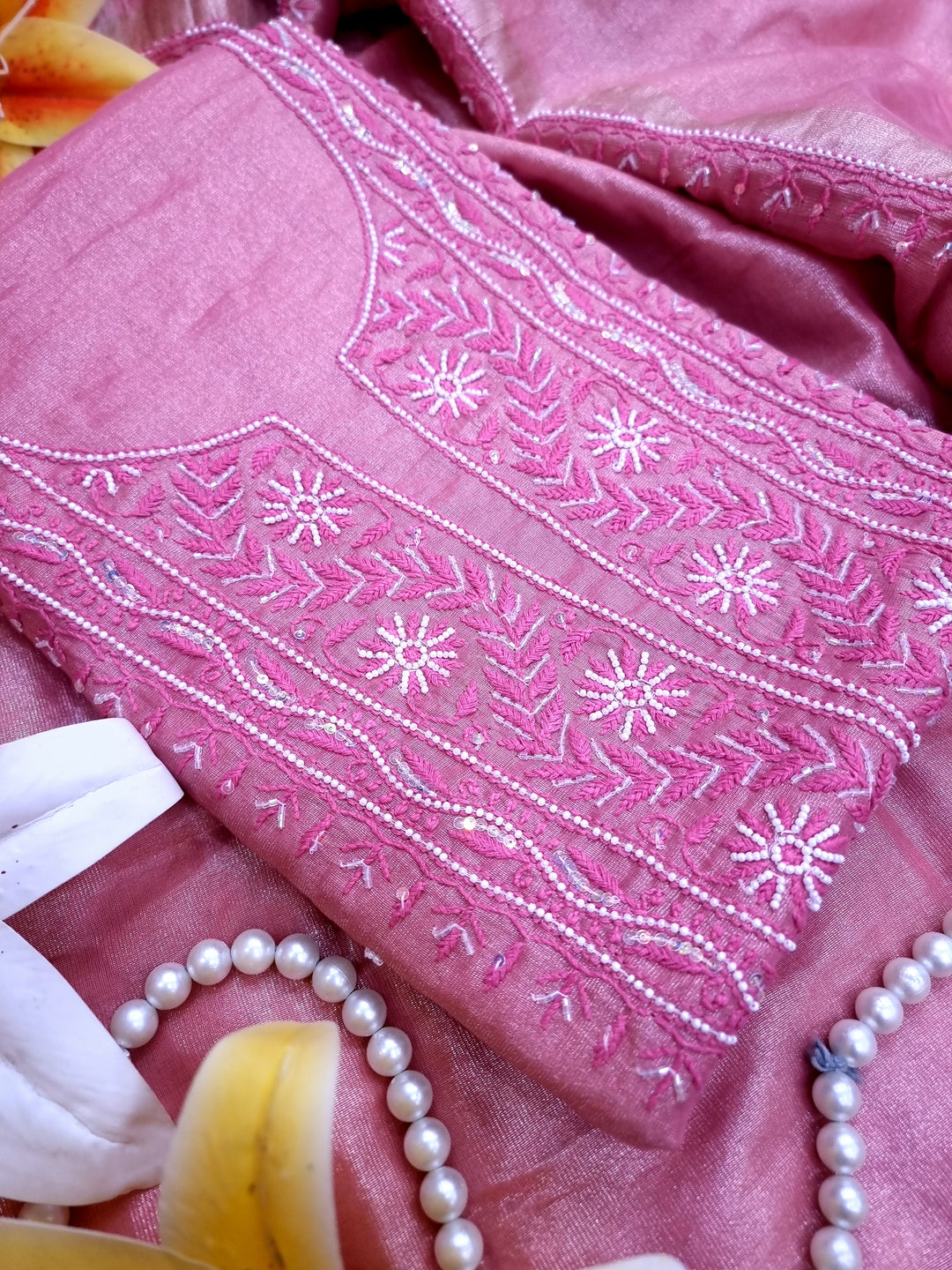 Soft Tissue Chikankari Unstitched Dress Material | 3 Taar Hand Embroidery with Pearl & Cutdana Work + Golden Border Dupatta