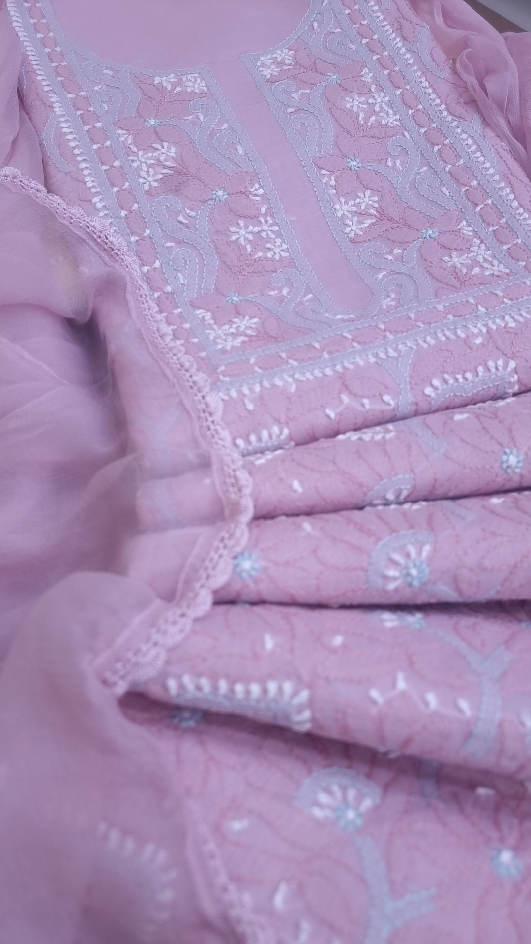 Lucknow Chikankari Hand Embroidered Cotton Dress Material with Tri-Color Motifs & Pure Chiffon Dupatta