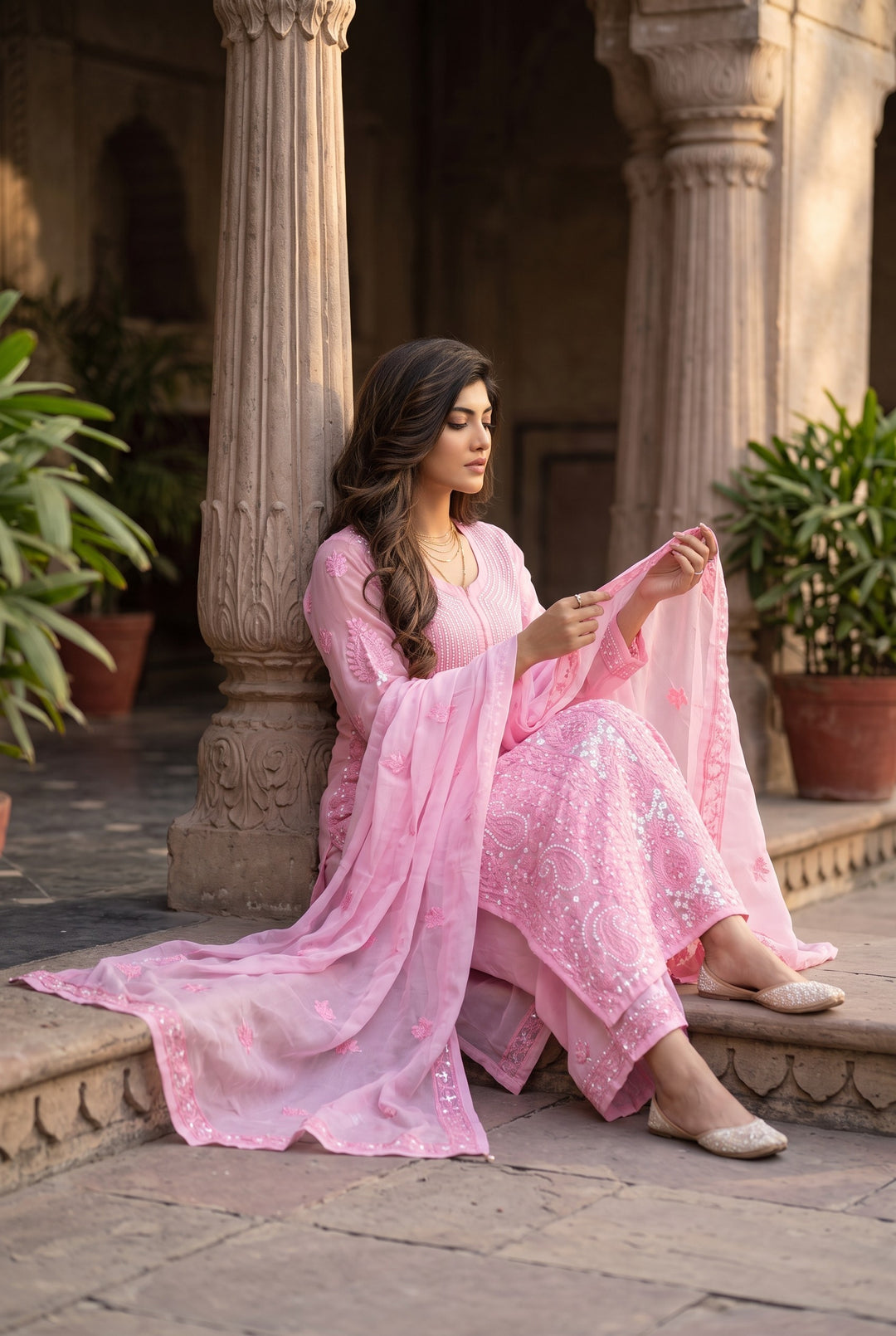 Unstitched Georgette Chikankari Dress Material | Hand Embroidered Kurta, Bottom & Dupatta