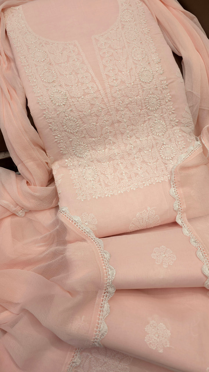 Paridhan Chikan Premium Handcrafted Chikankari Cotton Suit Set | Unstitched Dress Material with Chiffon Dupatta | Made in Lucknow
