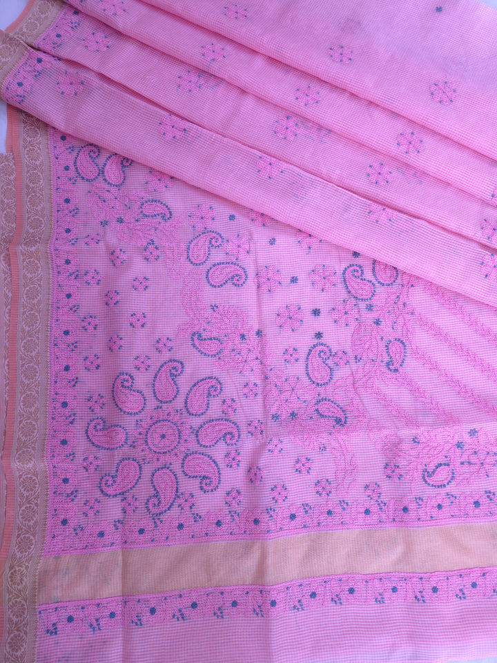 Hand Embroidered Chikankari Banarasi Silk Saree with Intricate Border & Palla Pattern – Includes  Blouse | Paridhan Chikan