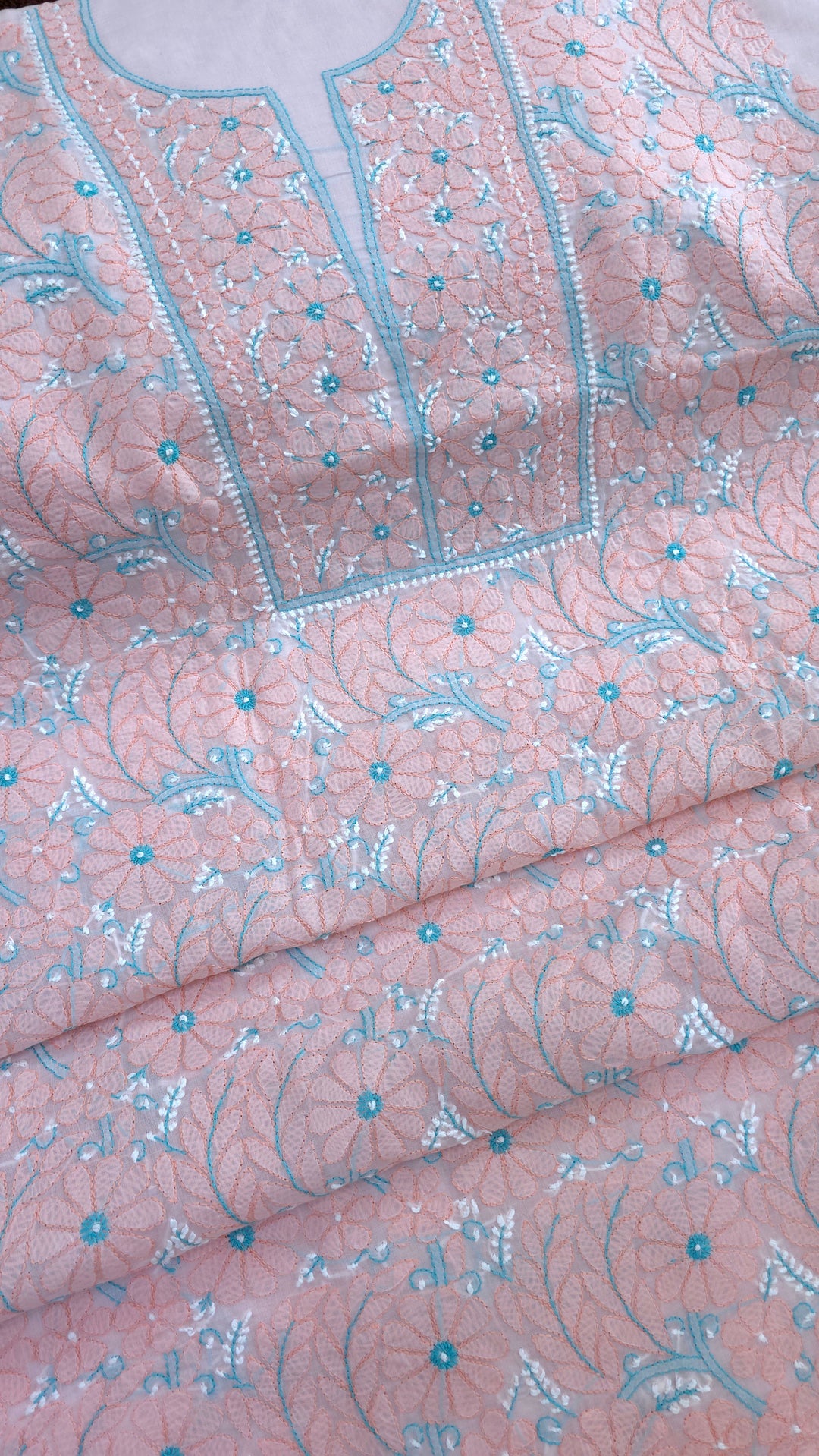 Lucknow Chikankari Hand Embroidered Cotton Dress Material with Tri-Color Motifs & Pure Chiffon Dupatta