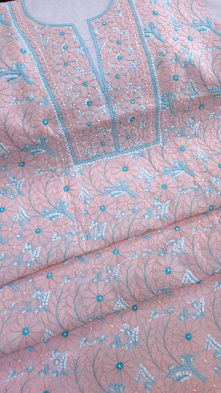 Lucknow Chikankari Hand Embroidered Cotton Dress Material with Tri-Color Motifs & Pure Chiffon Dupatta
