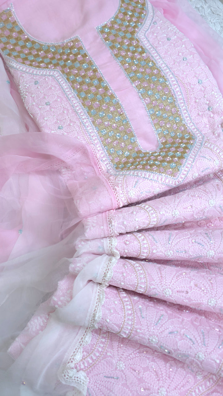 Premium Hand Embroidered Chikankari Cotton Unstitched Dress Material with Pure Chiffon Dupatta