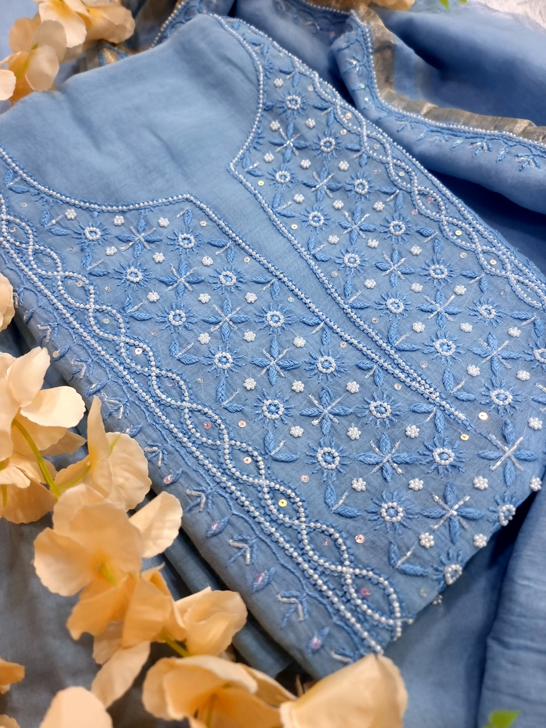 Premium Mul Chanderi Supersoft Dyeable Chikankari Dress Material | Hand Embroidered with Pearls & Cutdaana | Kurta & Dupatta Set