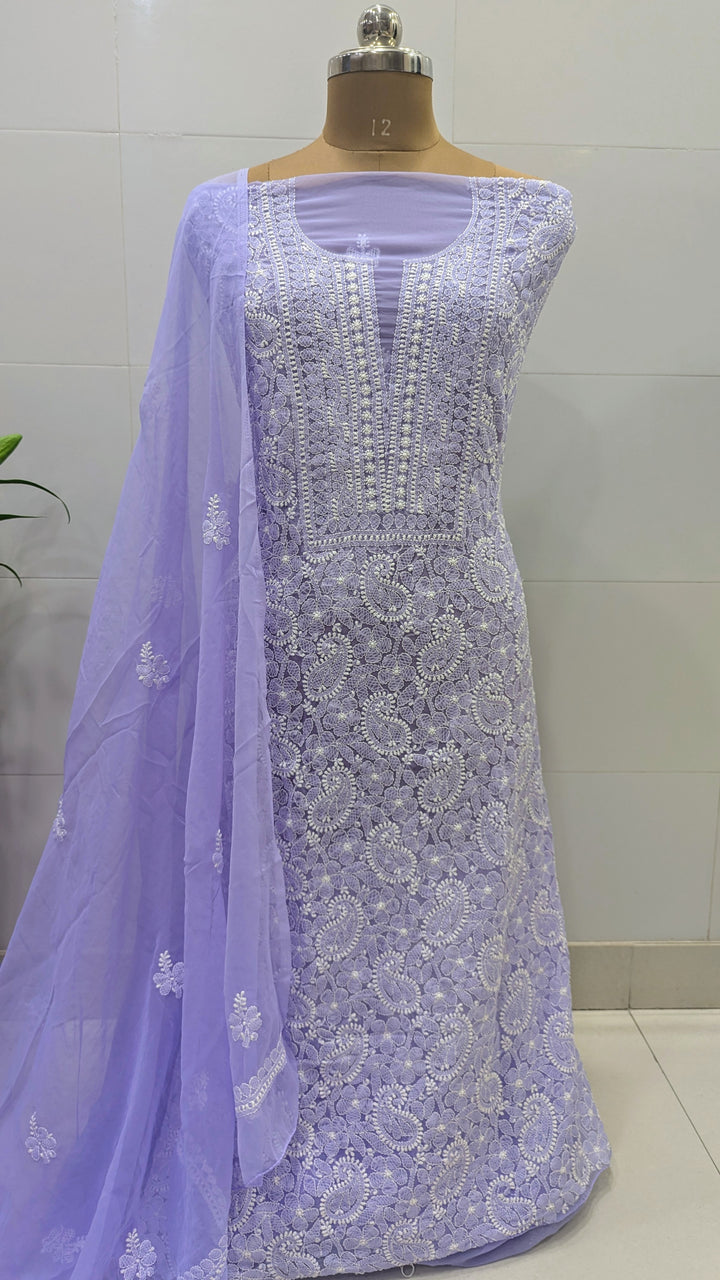 Unstitched Georgette Chikankari Dress Material | Hand Embroidered Kurta, Bottom & Dupatta
