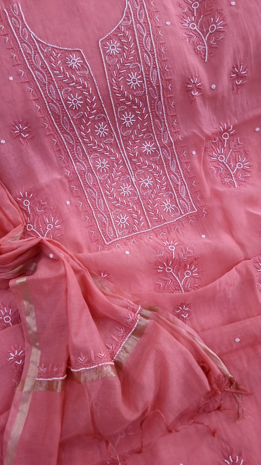Premium Mul Chanderi Supersoft Dyeable Chikankari Dress Material | Hand Embroidered with Pearls & Cutdaana | Kurta & Dupatta Set