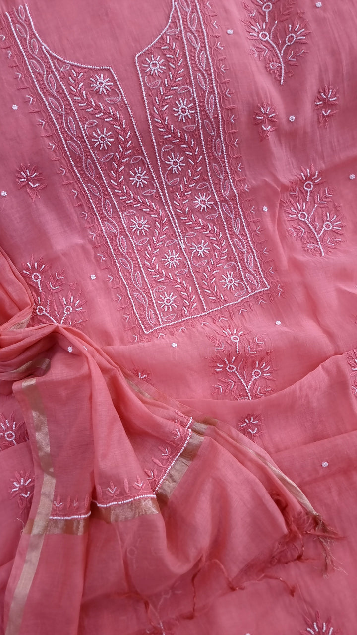 Premium Mul Chanderi Supersoft Dyeable Chikankari Dress Material | Hand Embroidered with Pearls & Cutdaana | Kurta & Dupatta Set