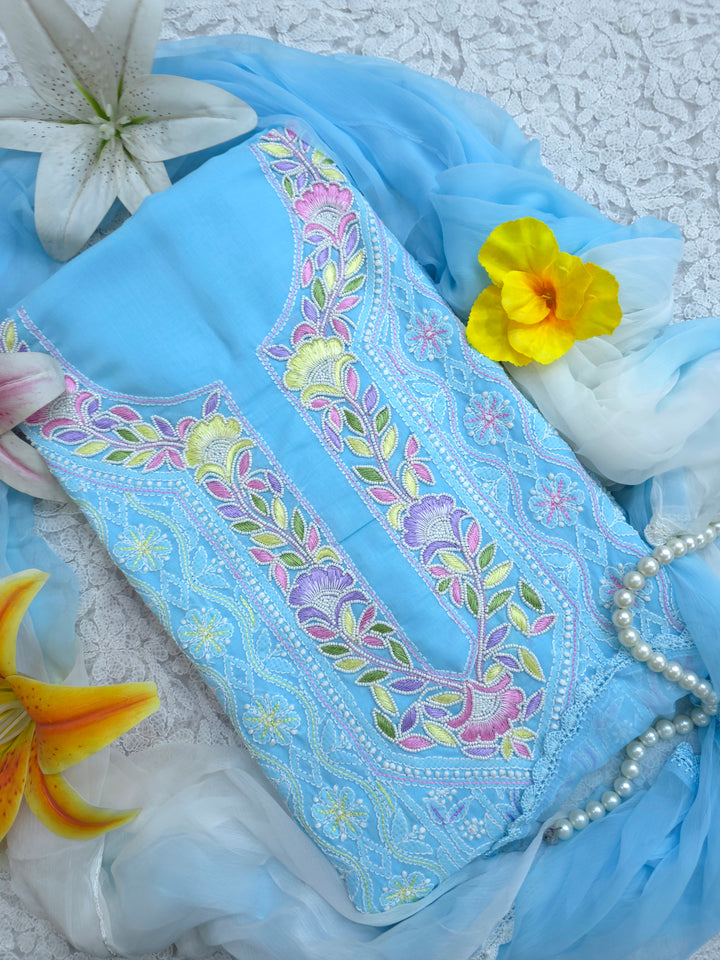 Cotton Resham Neckline chikankari dress material- Blue