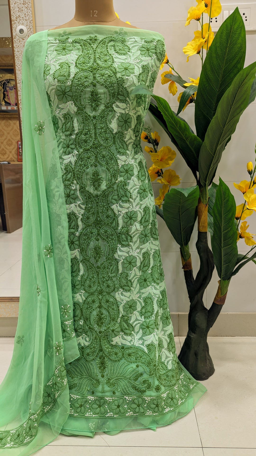 Unstitched Georgette Chikankari Dress Material | Hand Embroidered Kurta, Bottom & Dupatta