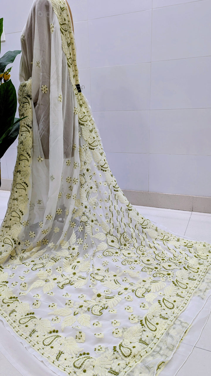 Faux Georgette Hand Chikankari Saree with Exclusive Border & designer Palla Design | Embroidered Blouse Included | Authentic Lucknow Handicraft by Paridhan Chikan