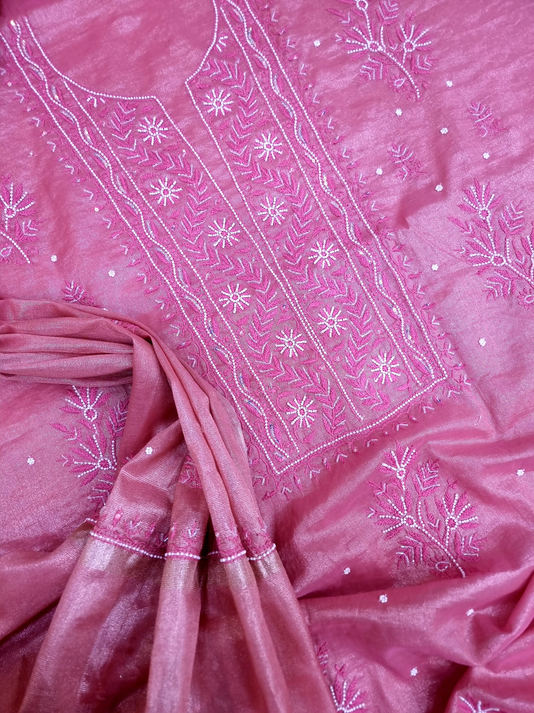 Soft Tissue Chikankari Unstitched Dress Material | 3 Taar Hand Embroidery with Pearl & Cutdana Work + Golden Border Dupatta