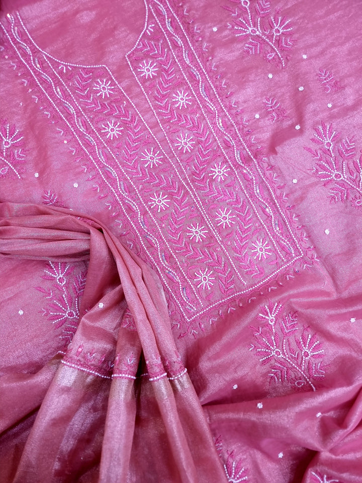 Soft Tissue Chikankari Unstitched Dress Material | 3 Taar Hand Embroidery with Pearl & Cutdana Work + Golden Border Dupatta