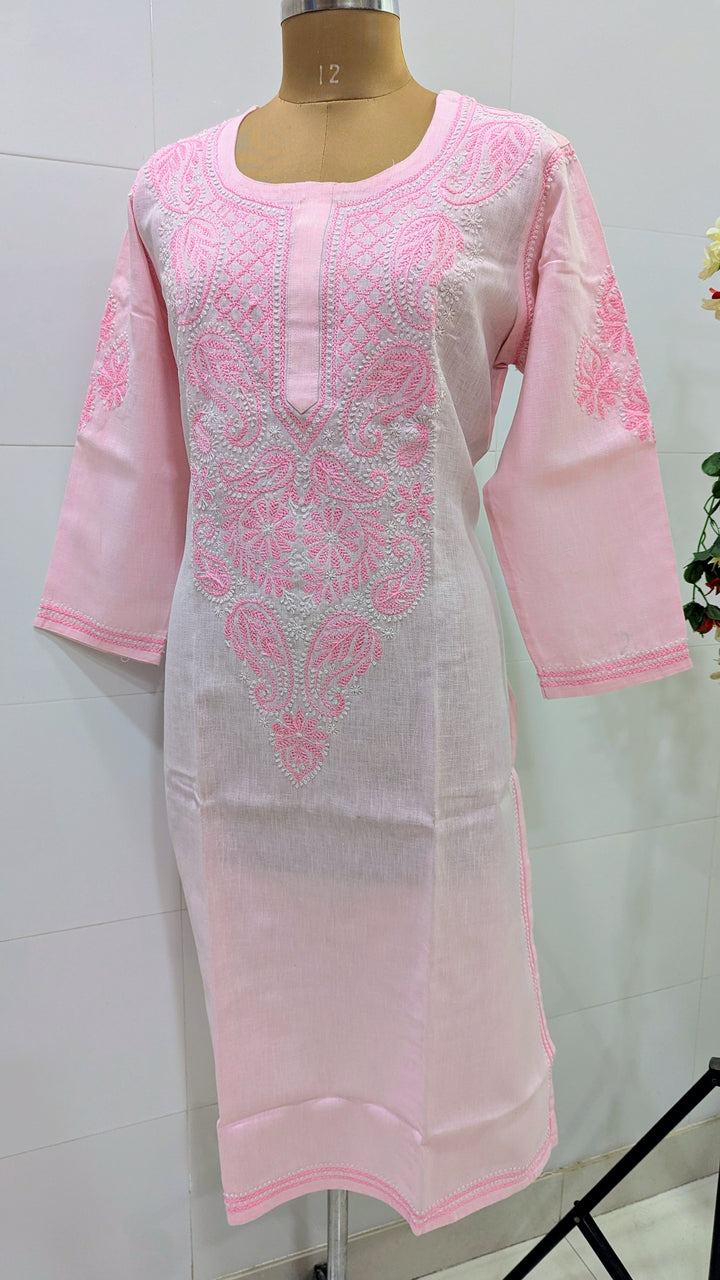 Pure Cotton Linen Lucknowi Chikankari Long Kurti | 100% Hand Embroidered | Non-Transparent | No Shrinkage
