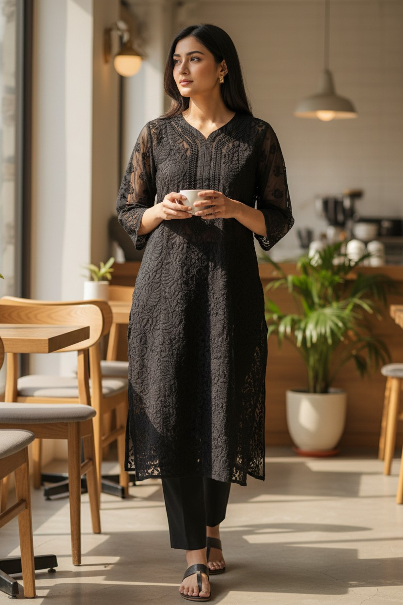 Georgette chikankari long kurti