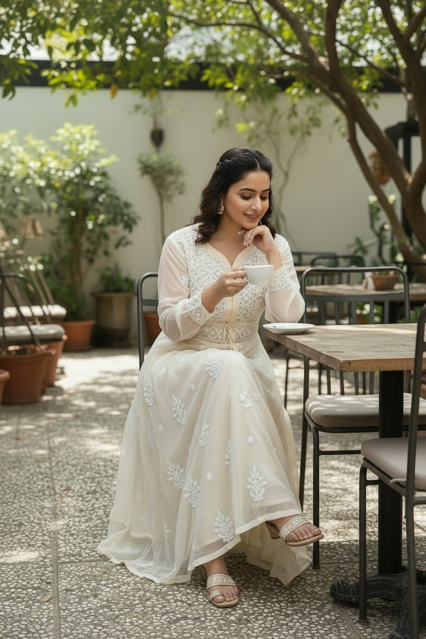 Georgette Lucknowi Chikankari 50" Long gown style Kurti | 100% Hand Embroidered| No Shrinkage