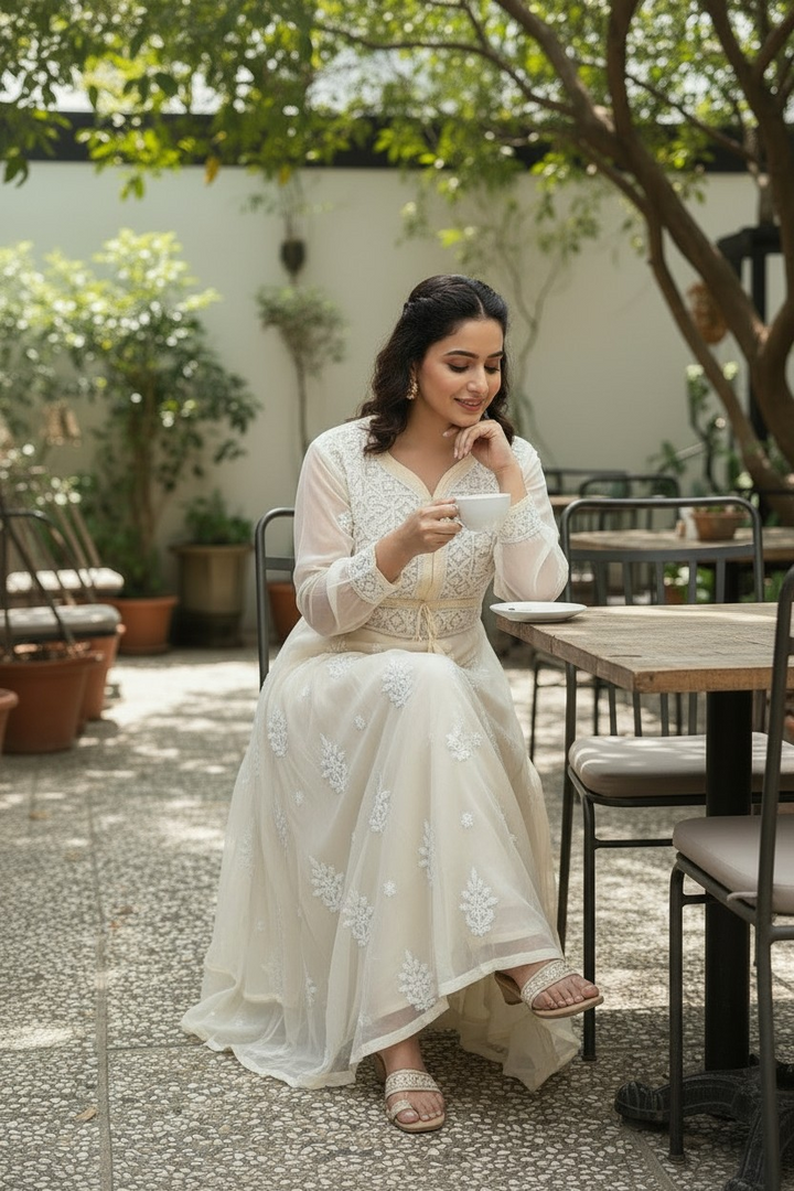 Georgette Lucknowi Chikankari 50" Long gown style Kurti | 100% Hand Embroidered| No Shrinkage