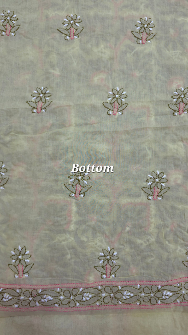Lucknow Chikankari Hand Embroidered Cotton Dress Material with Tri-Color Motifs & Pure Chiffon Dupatta