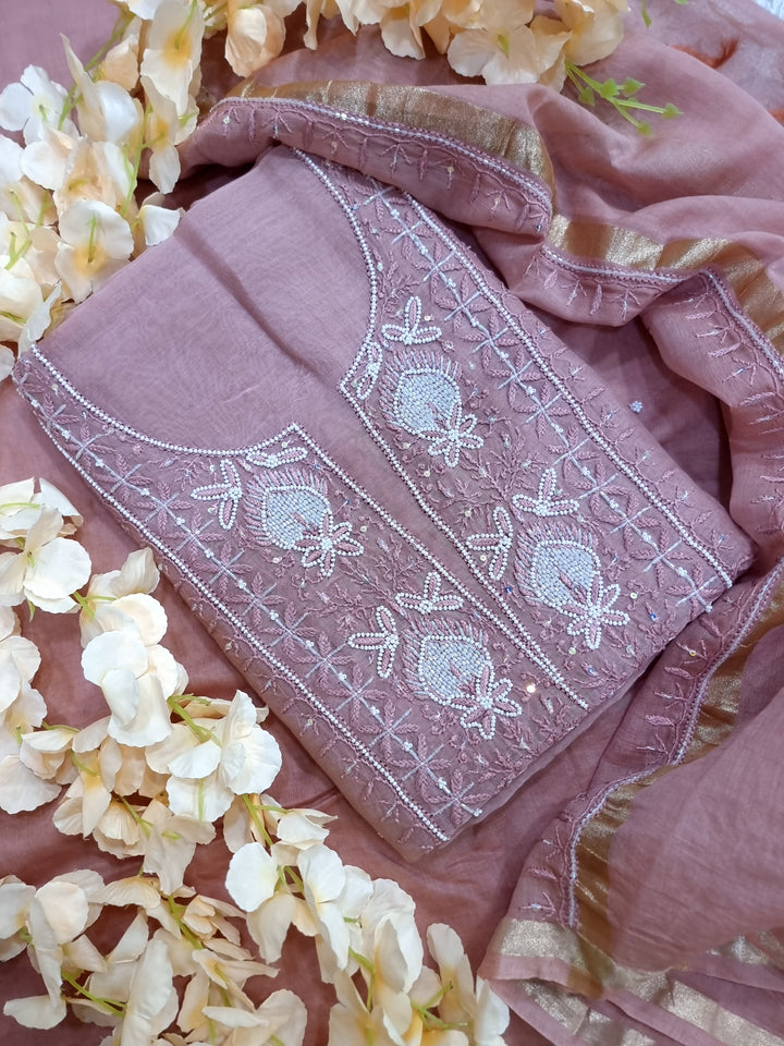 Premium Mul Chanderi Supersoft Dyeable Chikankari Dress Material | Hand Embroidered with Pearls & Cutdaana | Kurta & Dupatta Set