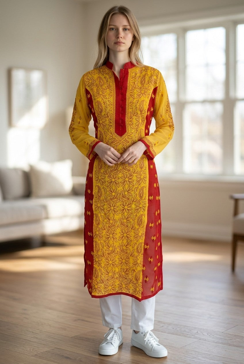 Dual Shade Georgette Lucknowi Chikankari Kurti – Hand Embroidered 48" approx long with Shadow & Murri Work, Exclusive Design