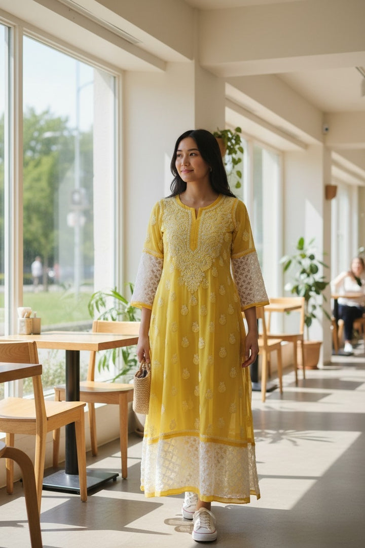 Georgette Lucknowi Chikankari 50" Long A line gown style Kurti | 100% Hand Embroidered| No Shrinkage