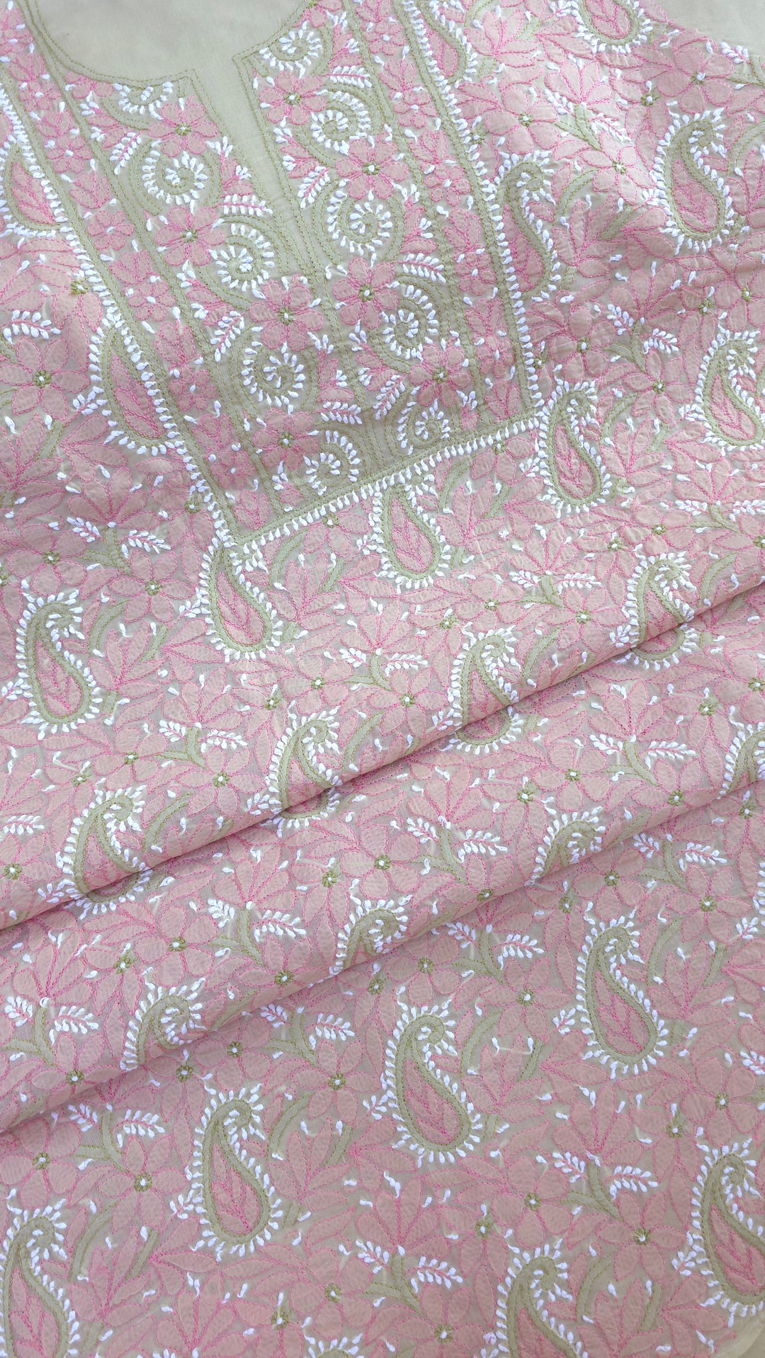 Lucknow Chikankari Hand Embroidered Cotton Dress Material with Tri-Color Motifs & Pure Chiffon Dupatta