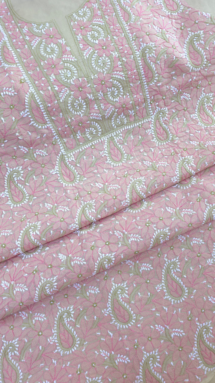 Lucknow Chikankari Hand Embroidered Cotton Dress Material with Tri-Color Motifs & Pure Chiffon Dupatta