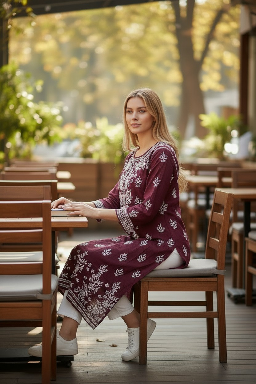 Modal Chikankari Hand Embroidered Kurti for Women | Premium Soft & Non-Transparent Fabric | 46 Inch Length | Lucknowi Chikan Kurta
