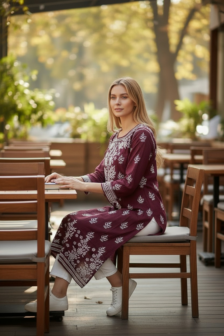 Modal Chikankari Hand Embroidered Kurti for Women | Premium Soft & Non-Transparent Fabric | 46 Inch Length | Lucknowi Chikan Kurta