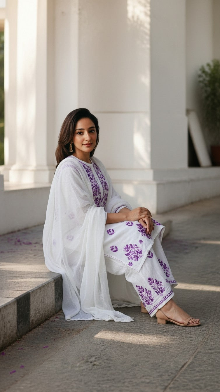 Ananya Rayon Colored Thread Chikankari Kurta Palazzo Dupatta Set | Lucknow Hand Embroidery | Paridhan Chikan