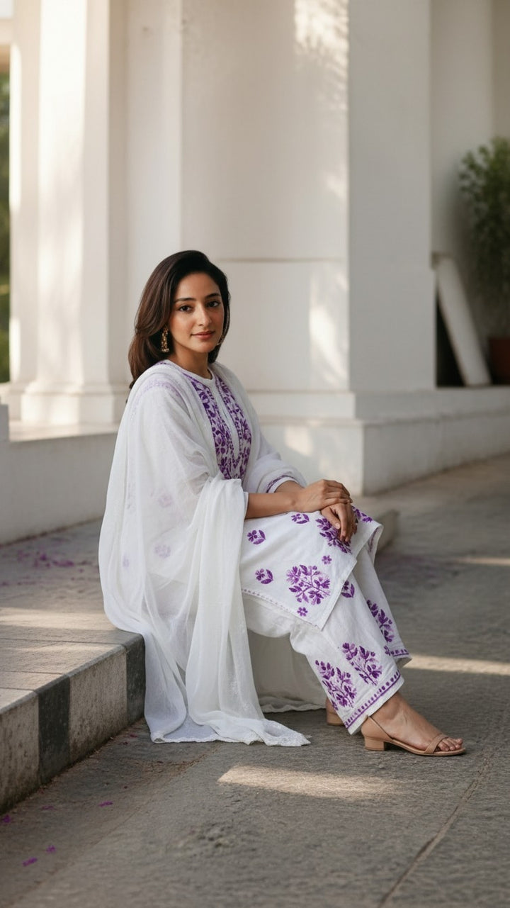 Ananya Rayon Colored Thread Chikankari Kurta Palazzo Dupatta Set | Lucknow Hand Embroidery | Paridhan Chikan