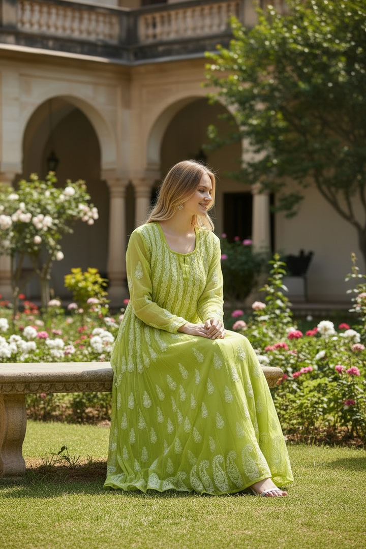 Georgette Lucknowi Chikankari 50" Long Anarkali Kurti | 100% Hand Embroidered| No Shrinkage
