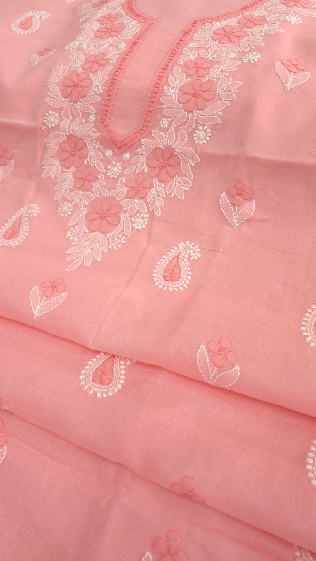 Paridhan Chikan Premium Cool Cotton Chikankari Dress Material Set with Hand Embroidered Kurta, Bottom & Chiffon Dupatta with Handmade Crochet Border