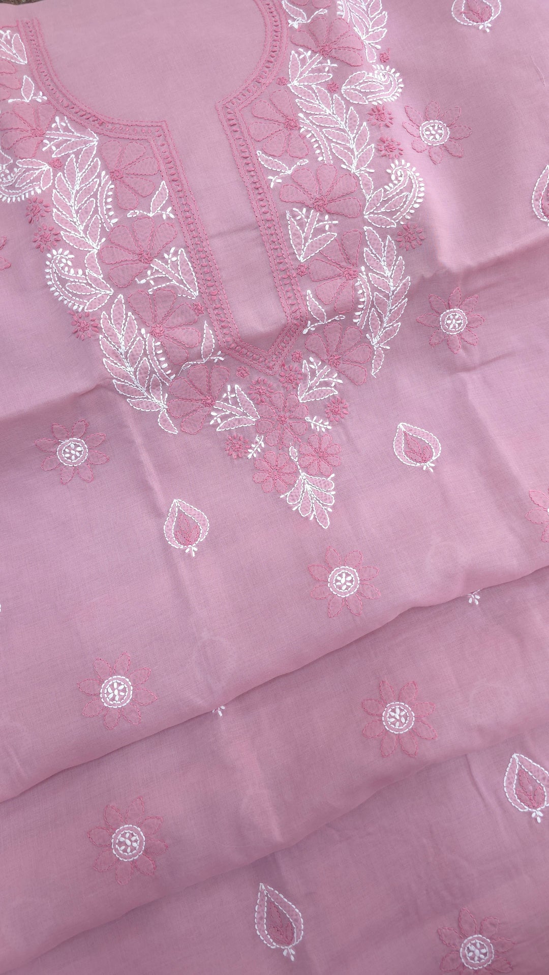 Paridhan Chikan Premium Cool Cotton Chikankari Dress Material Set with Hand Embroidered Kurta, Bottom & Chiffon Dupatta with Handmade Crochet Border