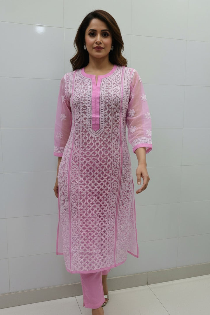 Mahi Women's Chikankari Georgette Full Embroidered Kurta | Hand Embroidered Lucknowi Ethnic Wear