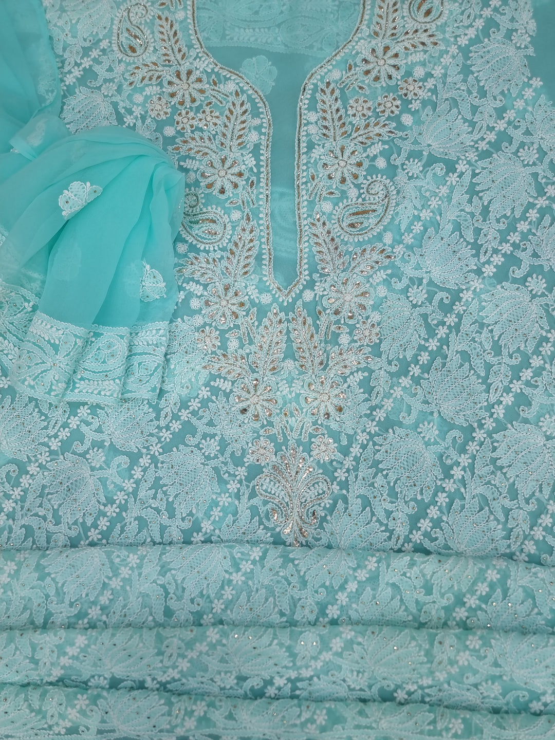 Mukesh Kaamdani Georgette Chikankari Hand Embroidery Dress Material - Sea Green