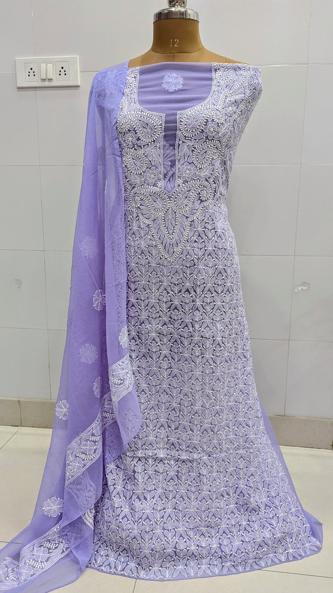 Unstitched Georgette Chikankari Dress Material | Hand Embroidered Kurta, Bottom & Dupatta